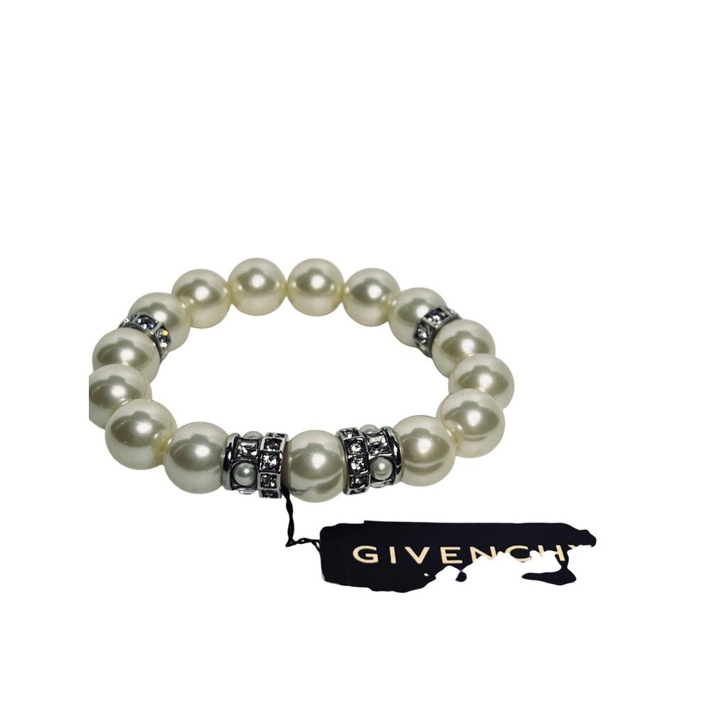 Givenchy Silver Tone, Faux Pearl And Clear Rhinestone Stretch Bracelet (6247) - Picture 4 of 5